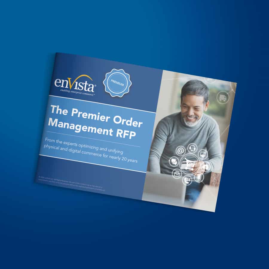 A brochure titled The Premier Order Management RFP from enVista features a smiling man using a laptop, with digital commerce icons overlayed, on a blue gradient background.