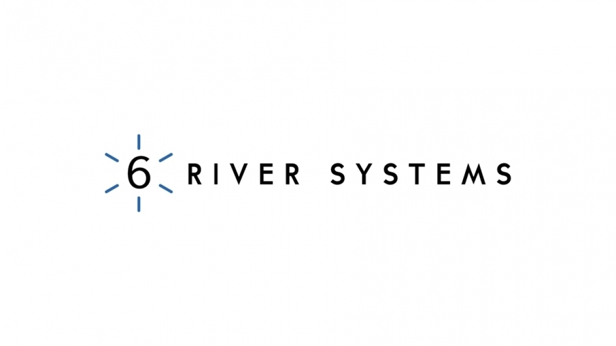 Logo for 6 River Systems featuring a stylized number 6 with blue lines radiating from it, next to the words RIVER SYSTEMS in uppercase black letters on a white background.