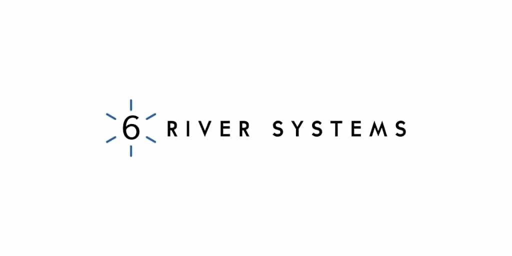 Logo for 6 River Systems featuring a stylized number 6 with blue lines radiating from it, next to the words RIVER SYSTEMS in uppercase black letters on a white background.