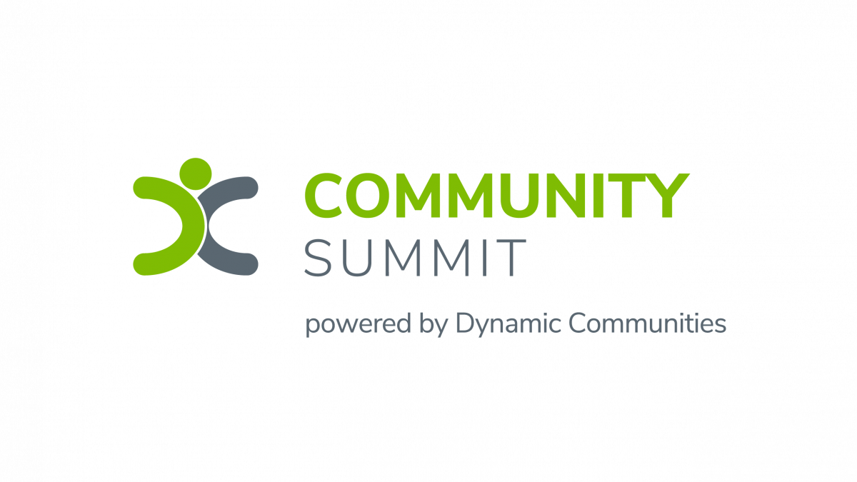 Logo for Community Summit powered by Dynamic Communities. It features a green and gray abstract human figure next to the text, with COMMUNITY in bold green and the rest in gray on a white background.