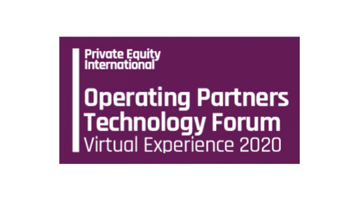 A purple rectangular logo reads: Private Equity International. Operating Partners Technology Forum. Virtual Experience 2020. White text on a purple background.