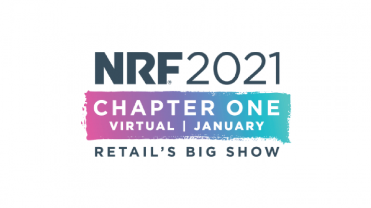 NRF 2021 logo with text: CHAPTER ONE VIRTUAL | JANUARY RETAILS BIG SHOW on a white background with a blue and purple gradient banner.