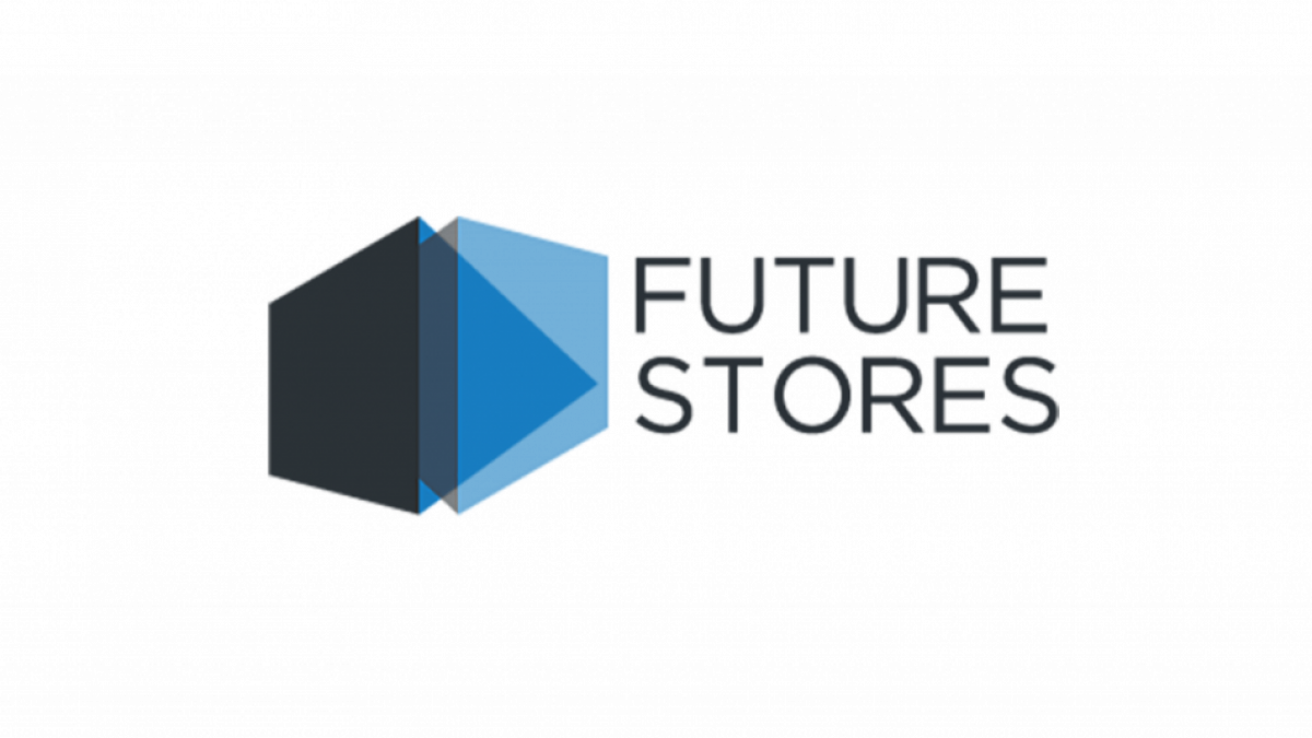Logo with three overlapping geometric shapes in black, dark blue, and light blue, next to the text FUTURE STORES in capital letters on a white background.