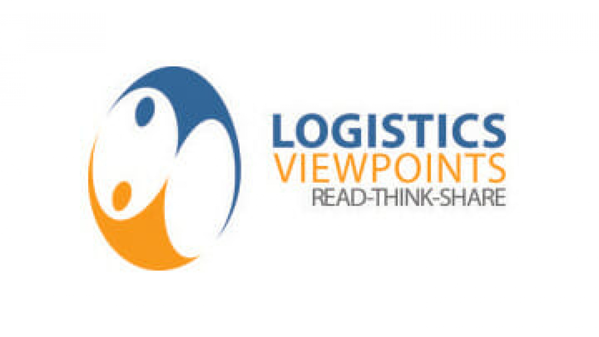 Logo with an abstract blue and orange circular design next to the words LOGISTICS VIEWPOINTS in blue and READ-THINK-SHARE in orange.