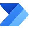 A stylized, blue gradient arrow composed of three overlapping parallelograms points right, evoking the dynamic energy of Power Platform, all set against a light gray background.
