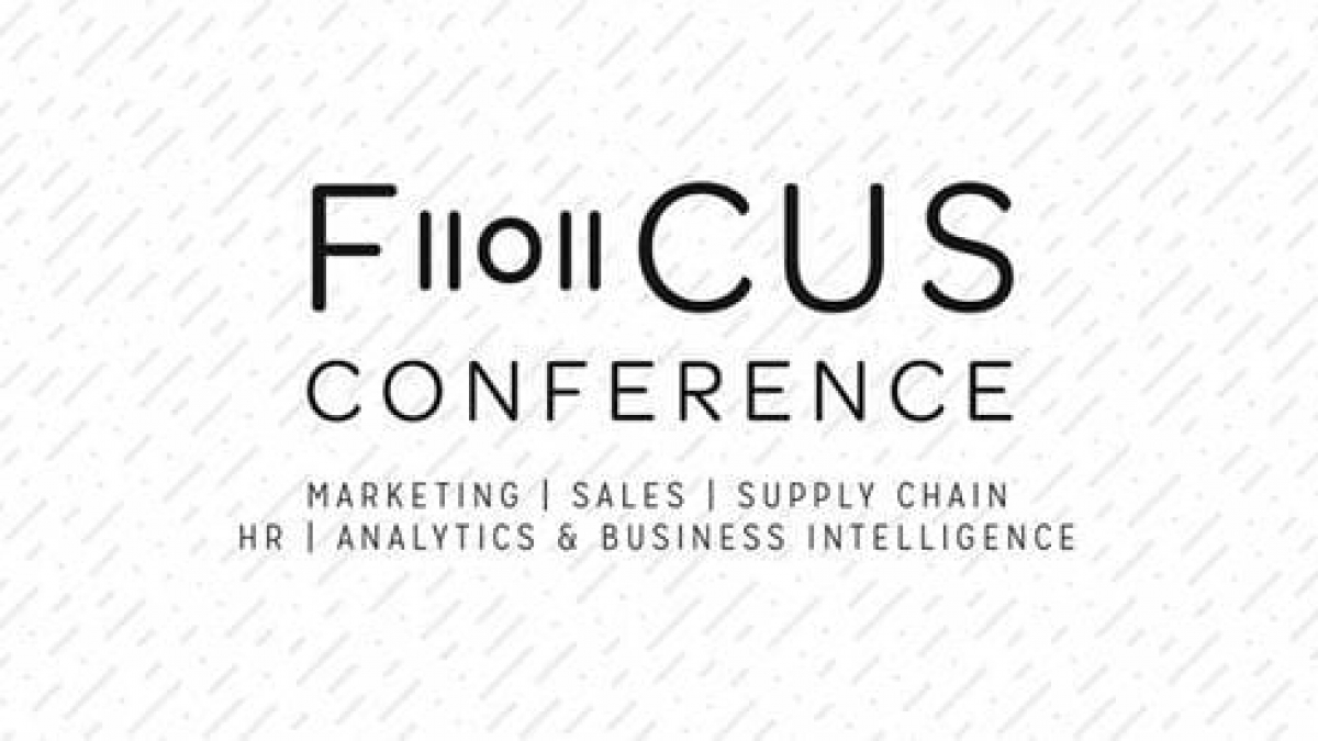 Image with the words FOCUS CONFERENCE and Marketing | Sales | Supply Chain | HR | Analytics & Business Intelligence on a white background with diagonal gray lines.