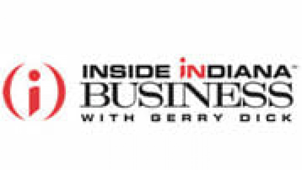 Logo for Inside Indiana Business with Gerry Dick featuring a red and white circular i icon on the left, with the program name in bold black and red uppercase text to the right.