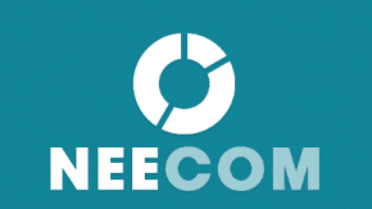 White circular pie chart logo above the text NEECOM on a teal background. NEE is in white, and COM is in a lighter teal shade.