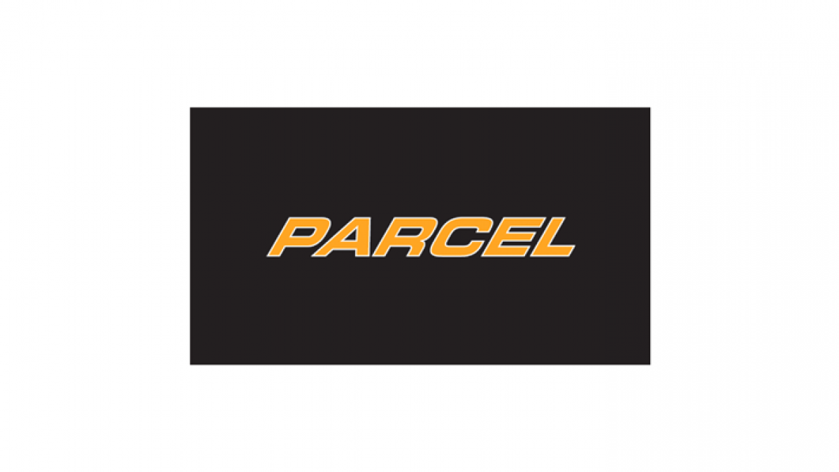 The word PARCEL in bold, italicized yellow letters with a white outline, centered on a black background.