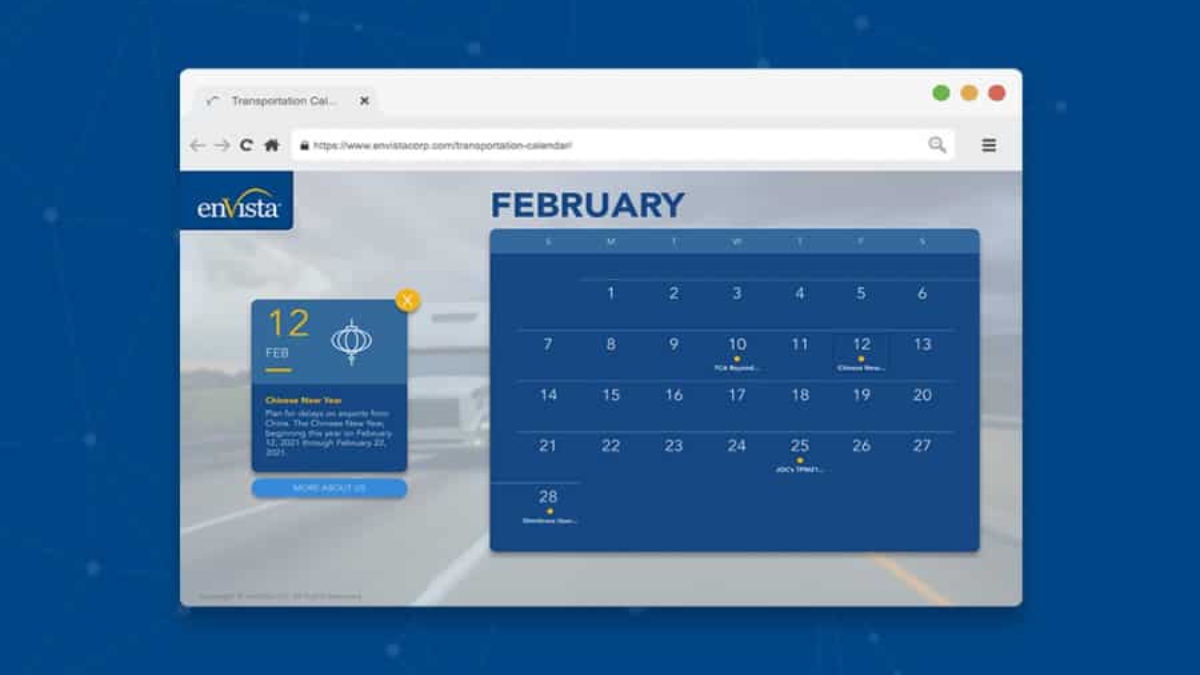 A digital calendar for February is displayed on a computer screen, showing highlighted dates and an event on February 12. The background features a road scene, and the enVista logo is visible on the left.