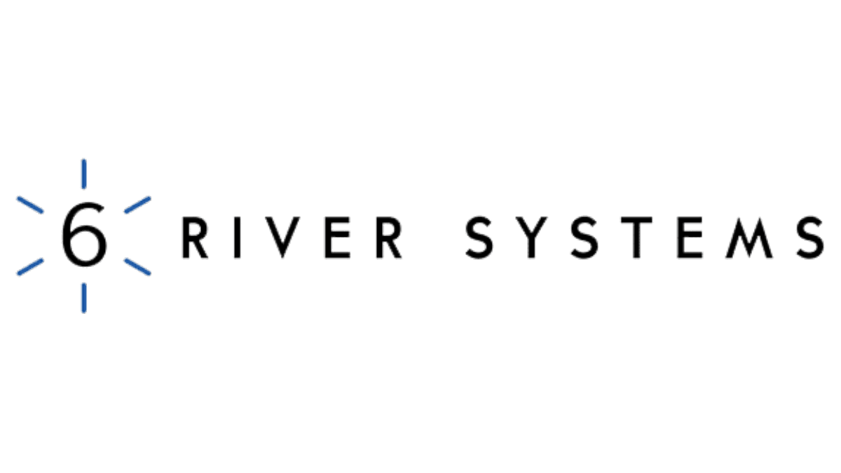 Logo for 6 River Systems, featuring the number 6 with blue radial lines to the left, symbolizing alliances, followed by the words RIVER SYSTEMS in black, modern font on a light background.