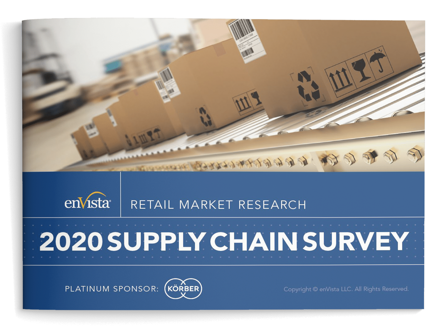 A row of cardboard boxes moves along a conveyor belt in a warehouse. Below, a blue banner reads, enVista Retail Market Research 2020 Supply Chain Survey, with Körber listed as the platinum sponsor.
