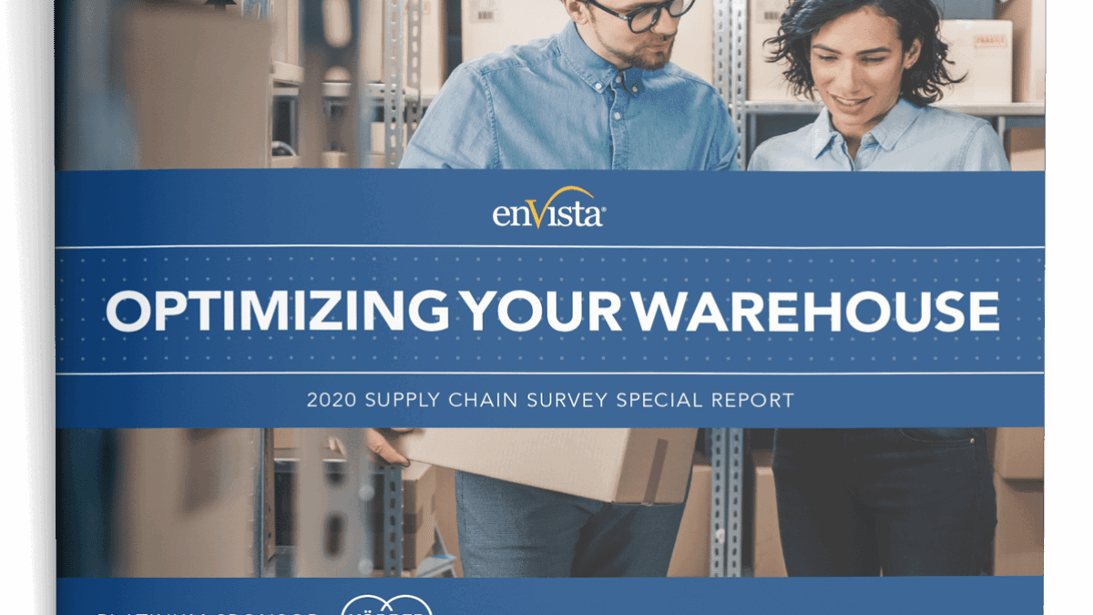 A man and woman hold boxes in a warehouse. The image features a blue banner that reads Optimizing Your Warehouse: 2020 Supply Chain Survey Special Report with logos for enVista and sponsor Körber.