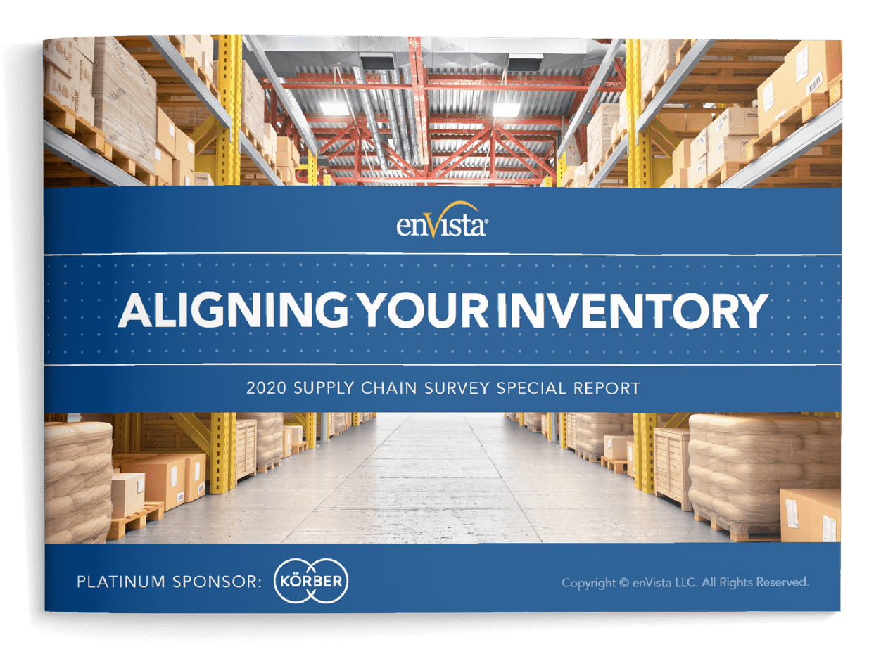 A warehouse aisle lined with shelves full of boxes is featured on a report cover titled Aligning Your Inventory: 2020 Supply Chain Survey Special Report by enVista, with Körber as the platinum sponsor.