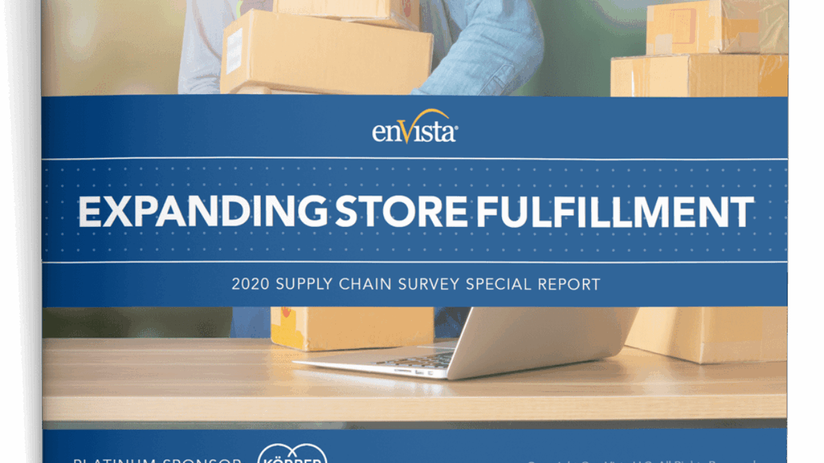 A report cover titled Expanding Store Fulfillment: 2020 Supply Chain Survey Special Report by enVista, with a person handling packages and a laptop on a desk. Platinum sponsor is Körber.