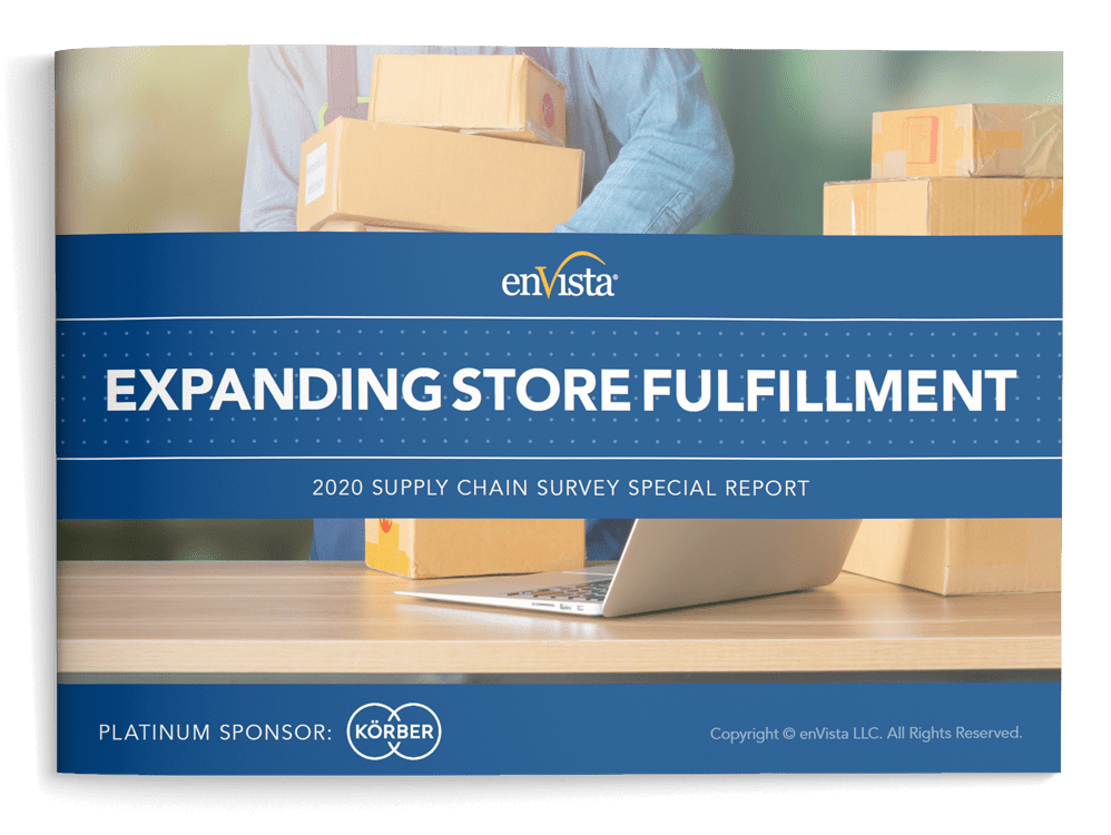 A report cover titled Expanding Store Fulfillment: 2020 Supply Chain Survey Special Report by enVista, with a person handling packages and a laptop on a desk. Platinum sponsor is Körber.