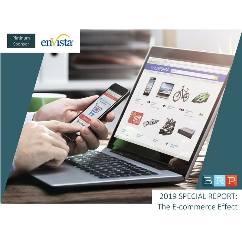 A person uses a smartphone and a laptop, both displaying online shopping websites. The image promotes the 2019 Special Report: The E-commerce Effect, sponsored by enVista and BRP.