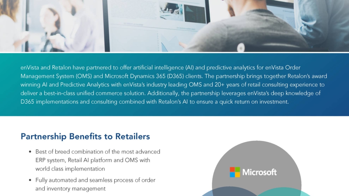 A marketing flyer features the logos of enVista and Retalon, describes their AI and analytics partnership for Microsoft Dynamics 365, lists retailer benefits, and includes an illustrated circle diagram showing integration among enVista, Microsoft, and Retalon.