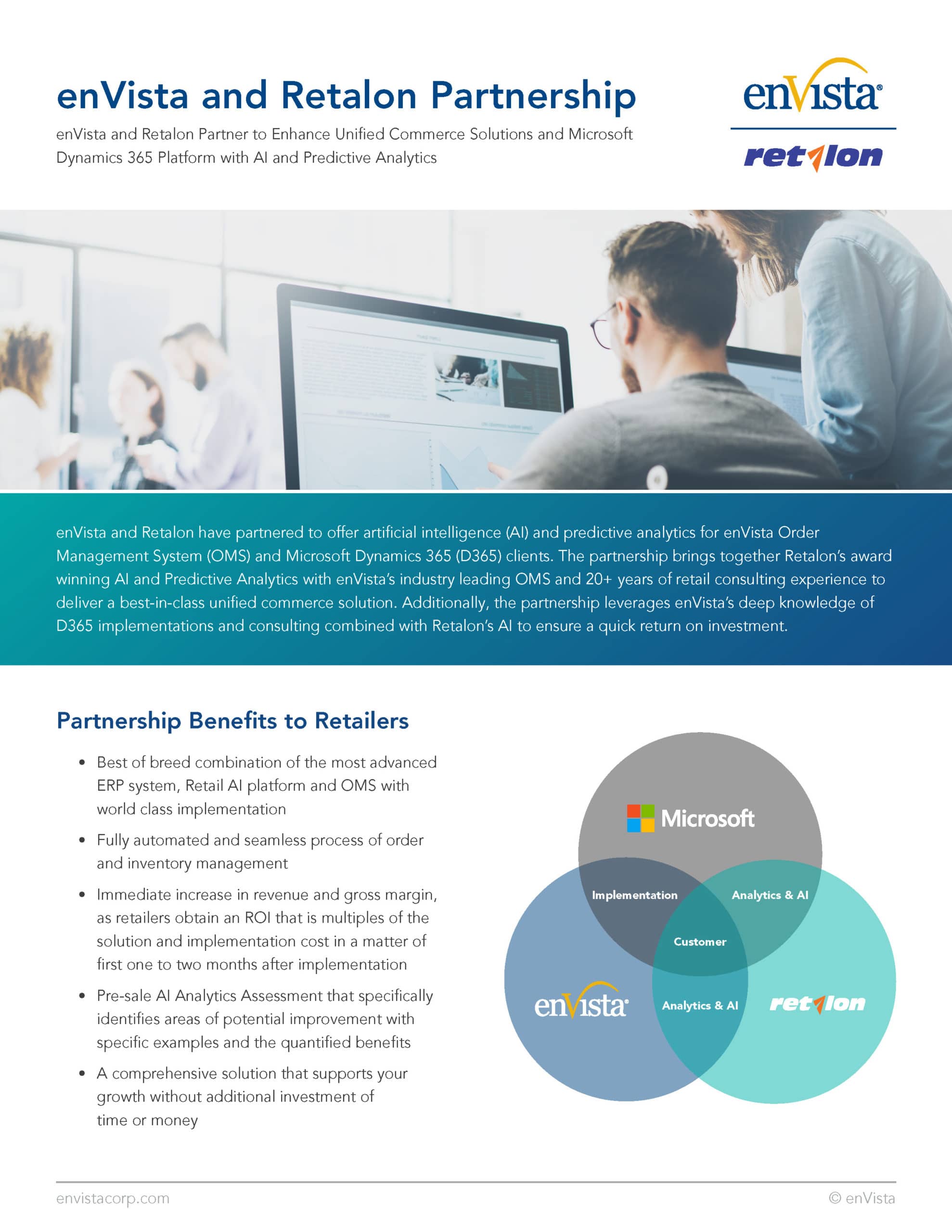 A marketing flyer features the logos of enVista and Retalon, describes their AI and analytics partnership for Microsoft Dynamics 365, lists retailer benefits, and includes an illustrated circle diagram showing integration among enVista, Microsoft, and Retalon.