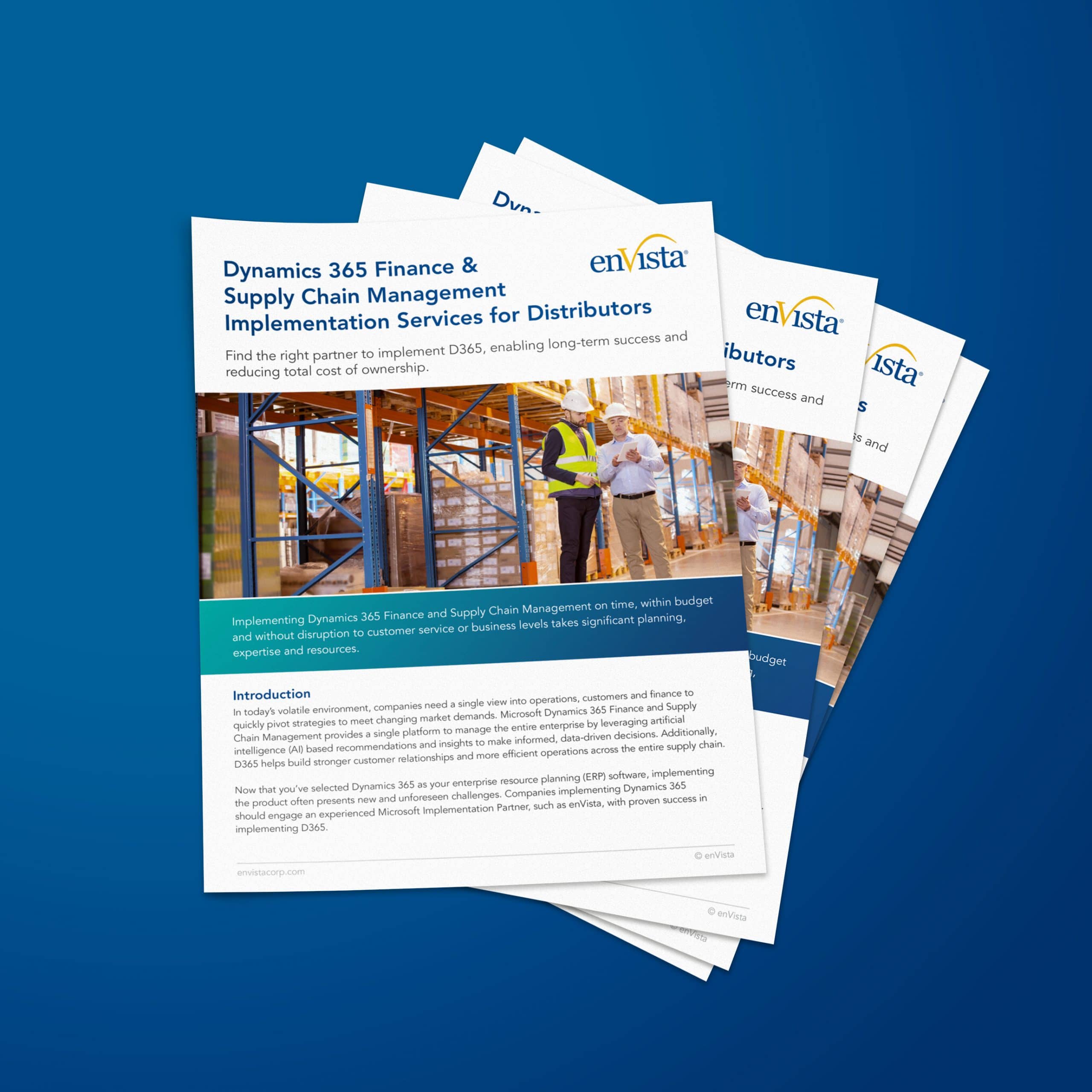 A stack of brochures titled Dynamics 365 Finance & Supply Chain Management Implementation Services for Distributors by enVista, featuring images of workers in a warehouse and a blue gradient background.