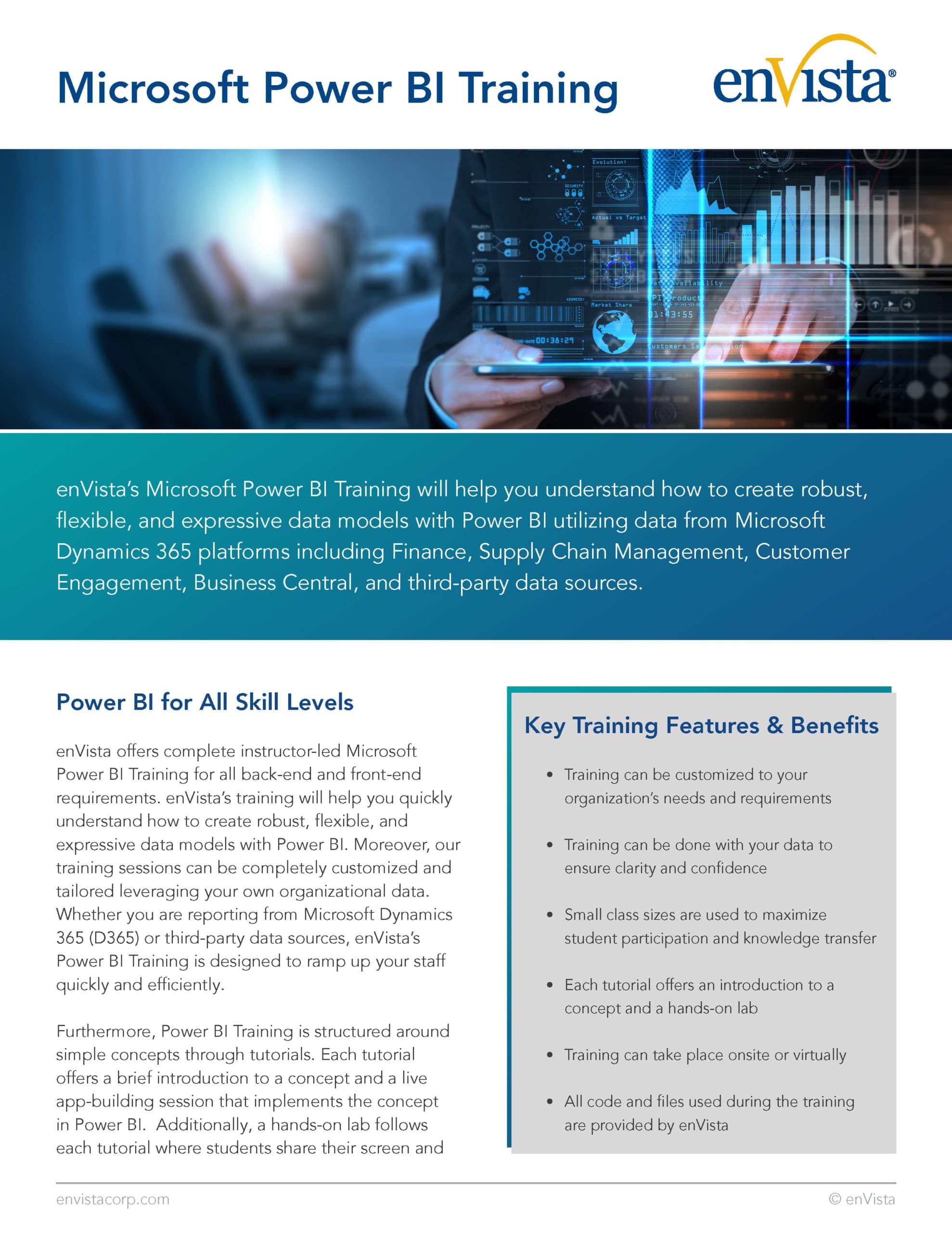 A promotional flyer for enVista’s Microsoft Power BI Training, featuring text about course benefits, skills covered, and key features. The design uses blue, white, and gray tones with enVista’s logo at the top right.