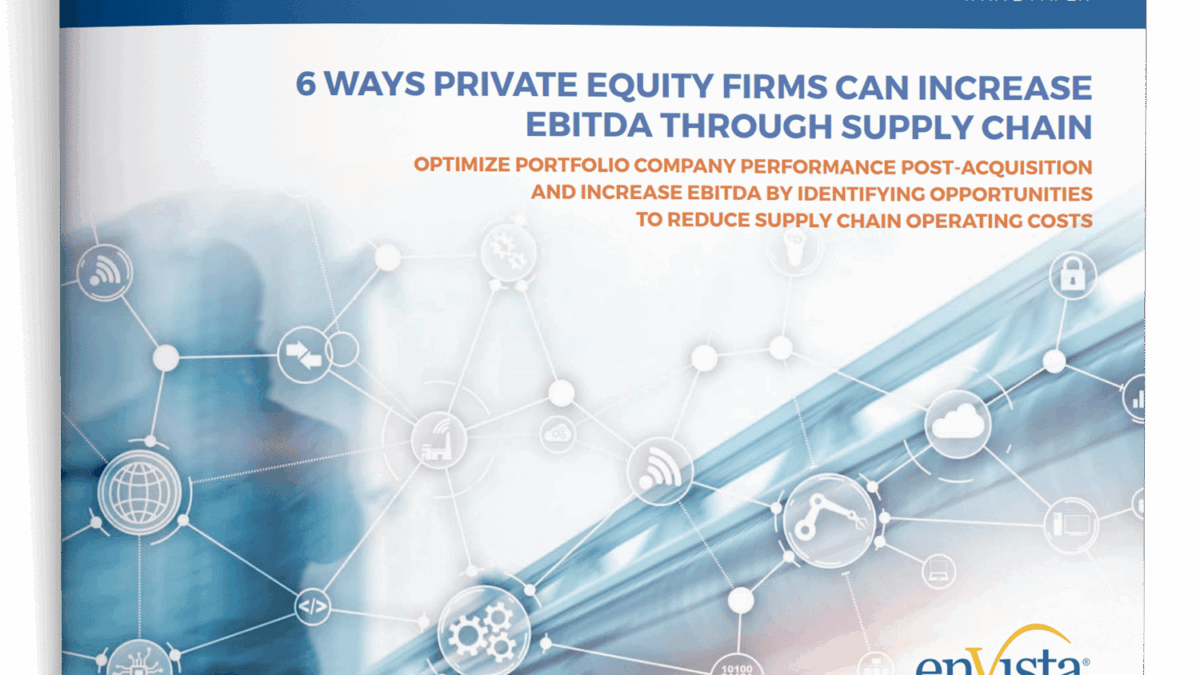 A white paper cover titled 6 Ways Private Equity Firms Can Increase EBITDA Through Supply Chain, featuring network connections imagery, the enVista logo, and text on optimizing portfolio performance and reducing costs.