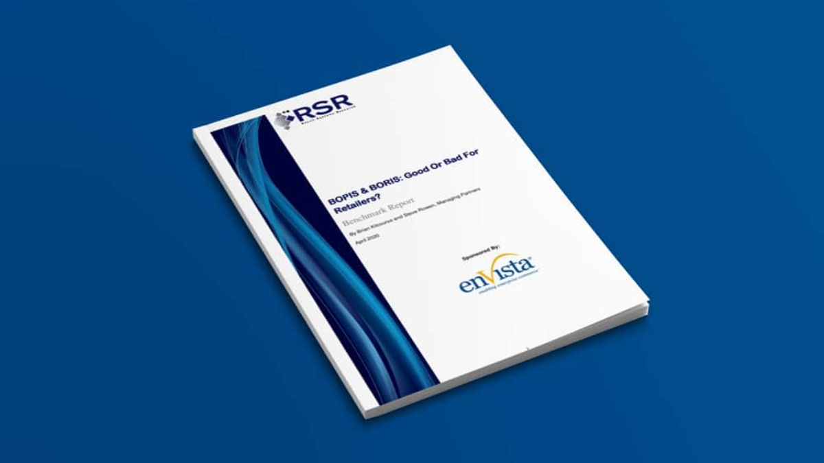 A printed report with a white cover featuring blue abstract design, titled BOPIS & BORIS: Good Or Bad For Retailers? placed on a blue surface. The cover displays RSR and enVista logos.