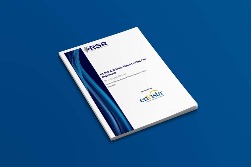 A printed report with a white cover featuring blue abstract design, titled BOPIS & BORIS: Good Or Bad For Retailers? placed on a blue surface. The cover displays RSR and enVista logos.