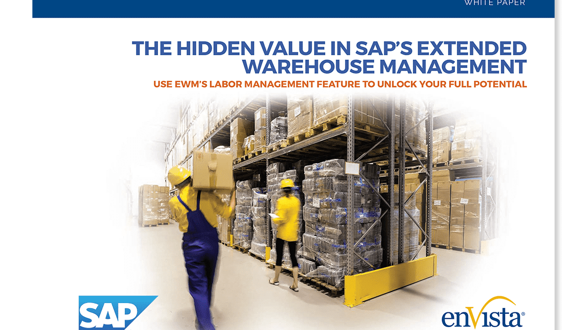 Cover page of a white paper titled The Hidden Value in SAP’s Extended Warehouse Management, featuring warehouse workers moving boxes on shelves. Logos for SAP and enVista are shown at the bottom.