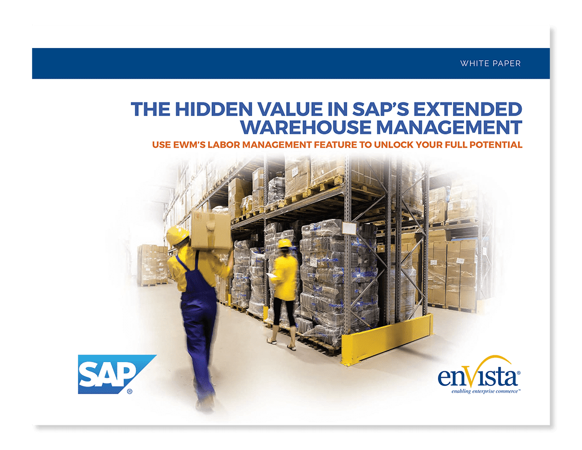 Cover page of a white paper titled The Hidden Value in SAP’s Extended Warehouse Management, featuring warehouse workers moving boxes on shelves. Logos for SAP and enVista are shown at the bottom.