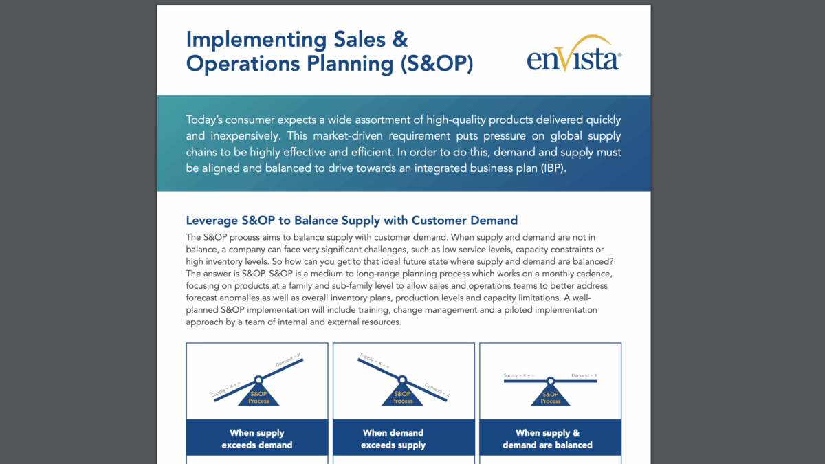 An informational graphic by enVista about implementing Sales & Operations Planning (S&OP), featuring text on aligning supply and demand, a green text box, and three diagrams showing supply and demand balance scenarios with arrows and seesaws.