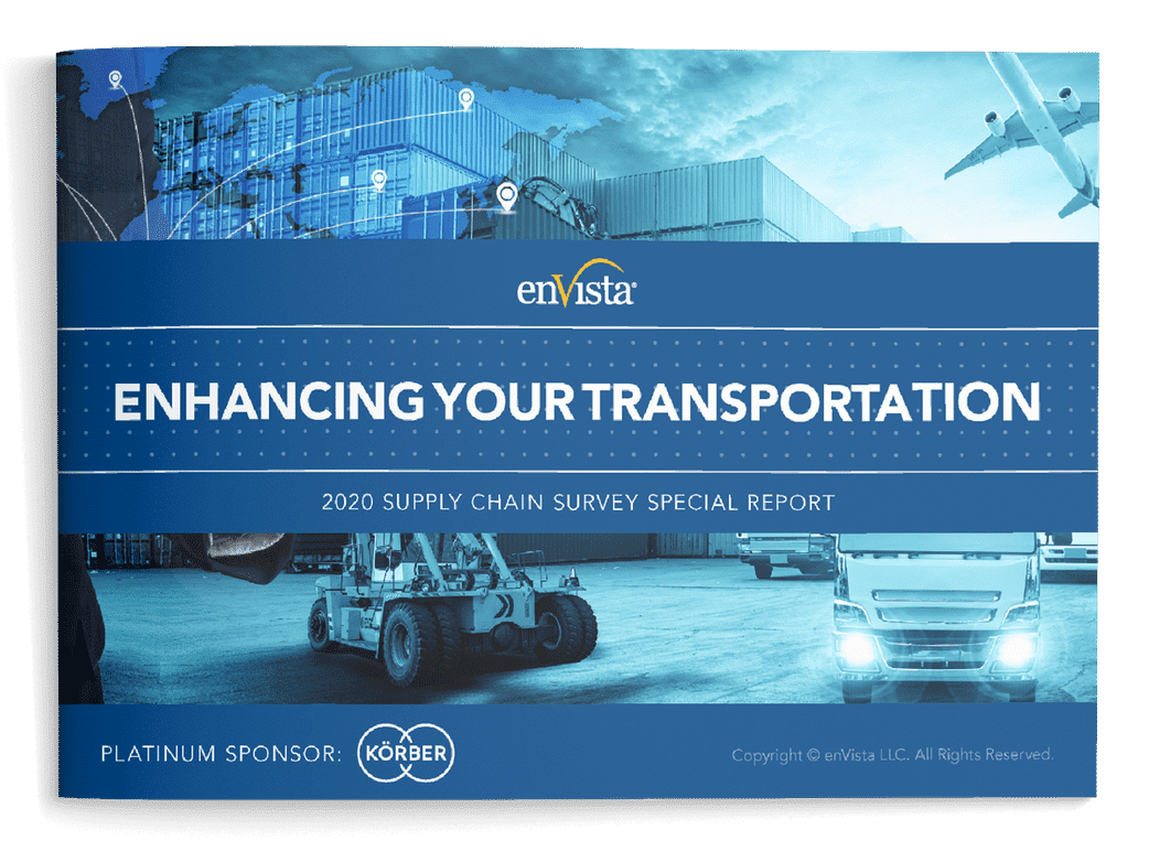 Cover of a report titled Enhancing Your Transportation by enVista, featuring images of a cargo ship, shipping containers, trucks, a plane, and a crane. Subtitle reads 2020 Supply Chain Survey Special Report.