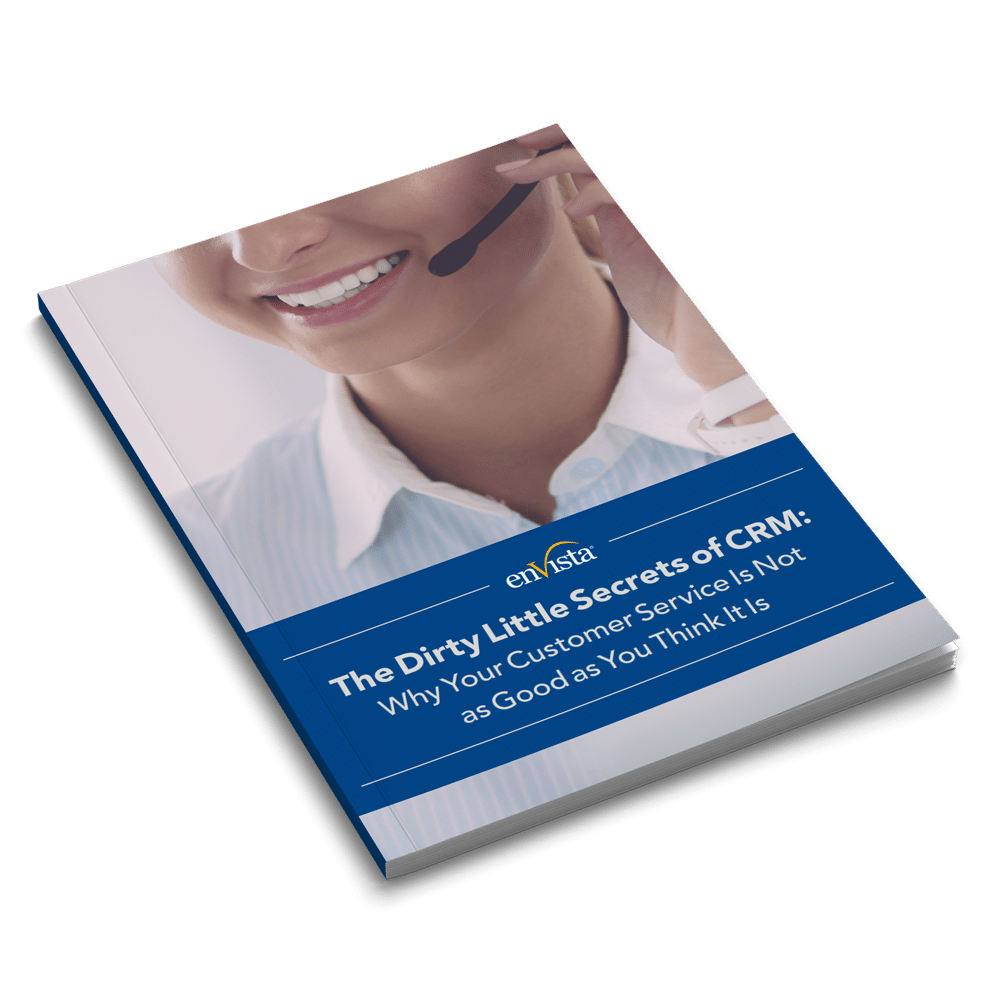 A book titled The Dirty Little Secrets of CRM: Why Your Customer Service is Not as Good as You Think It Is with a cover image of a smiling woman wearing a headset.