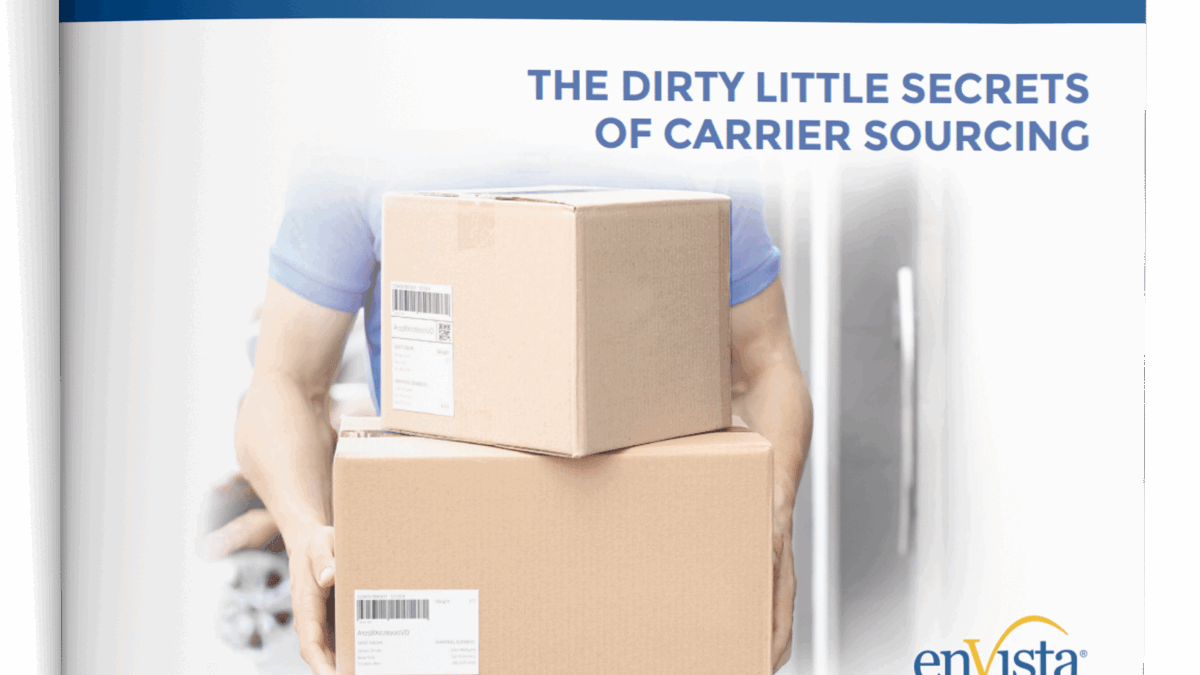 A person in a blue shirt holds two stacked cardboard boxes with shipping labels. The text reads, The Dirty Little Secrets of Carrier Sourcing. The enVista logo appears at the bottom right.