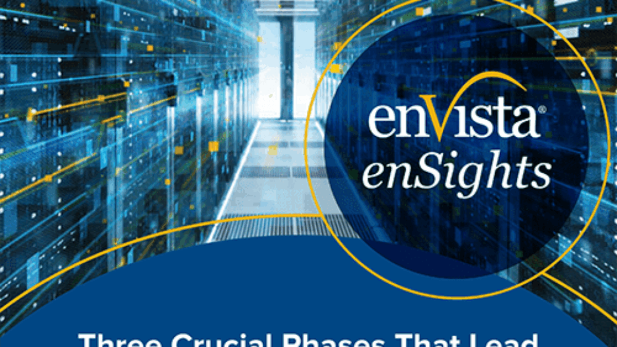 Cover of a digital report titled “Three Crucial Phases That Lead to a Successful BI Investment” by Mark Sullivan, featuring a futuristic data center background with blue tones and the enVista enSights logo.