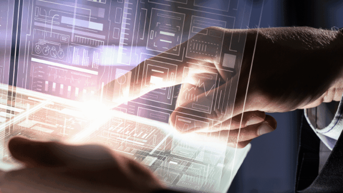 A person’s hands interact with a transparent touchscreen displaying digital charts, graphs, and data visualizations, suggesting futuristic technology and advanced data analysis.