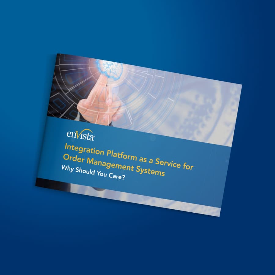 A booklet titled Integration Platform as a Service for Order Management Systems: Why Should You Care? by enVista, featuring a hand touching a digital interface on a blue background.