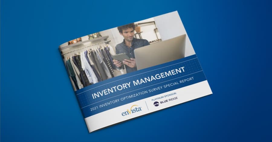 A brochure titled Inventory Management: 2021 Inventory Optimization Survey Special Report features a man using a tablet and computer, with clothing racks in the background. Logos for enVista and Blue Ridge are also shown.