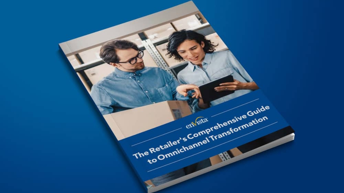 A book titled The Retailers Comprehensive Guide to Omnichannel Transformation featuring a man and a woman in a warehouse setting, looking at a tablet together, on a blue background.