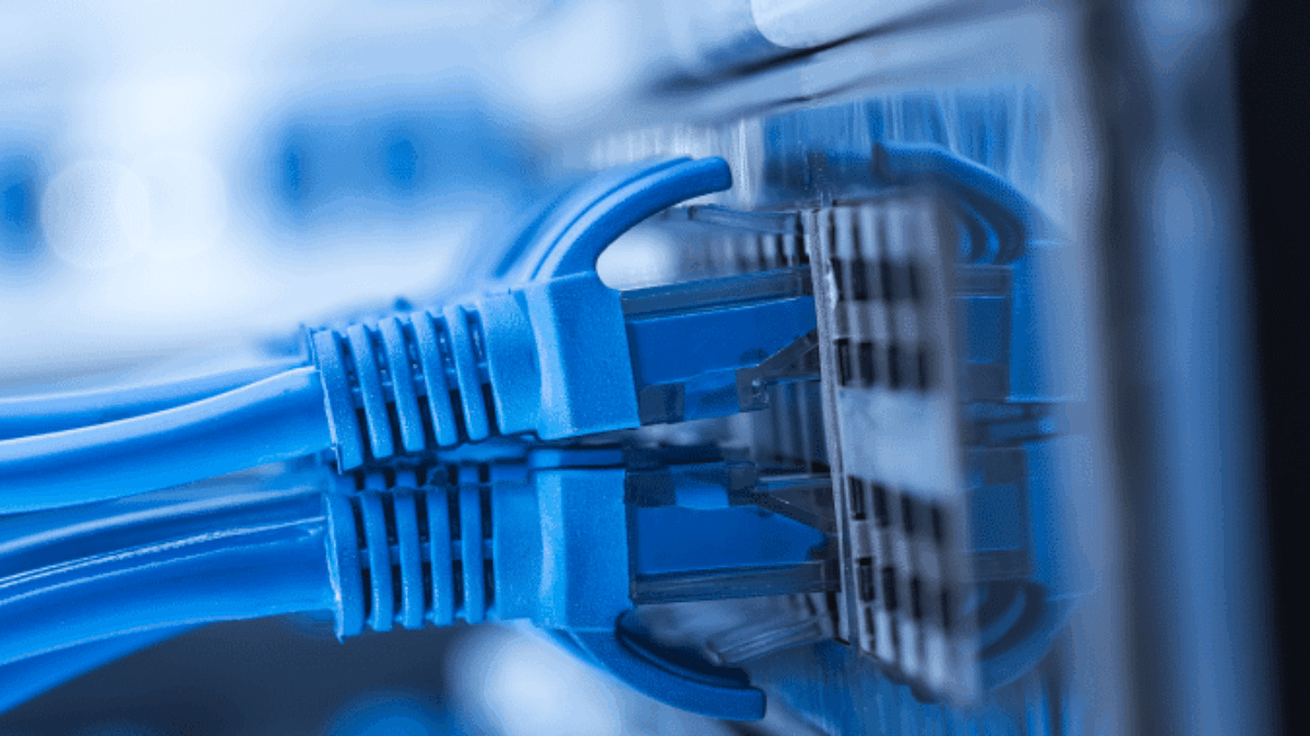 Close-up of several blue Ethernet cables plugged into a network switch, with blurred electronic components in the background, depicting a data center or server room environment.