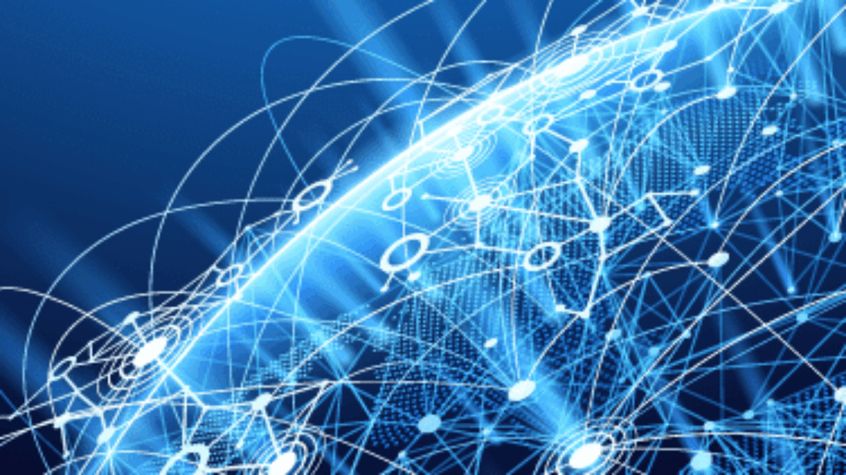 A digital illustration of Earth from space, overlaid with glowing blue network lines and nodes, symbolizing global connectivity and the vital role of supply chain strategy in advanced technology.