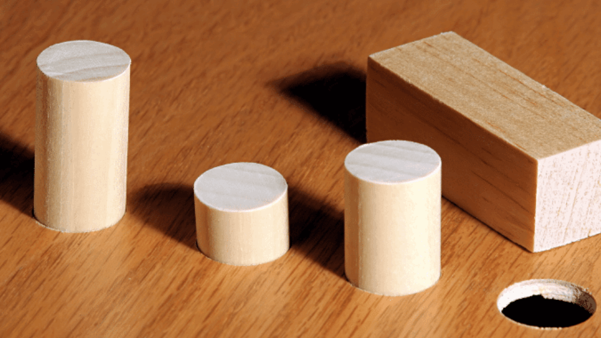 Three wooden cylinders and one wooden rectangular block sit on a wooden surface next to a round hole, illustrating the concept of shapes matching corresponding holes.