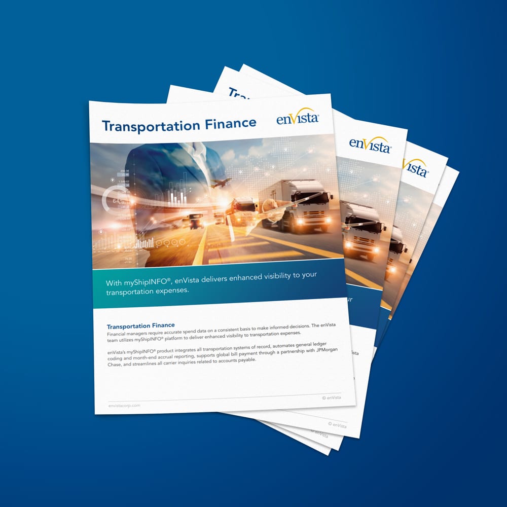 A stack of brochures titled “Transportation Finance” with images of trucks and digital graphics, featuring the enVista logo, displayed on a blue background.