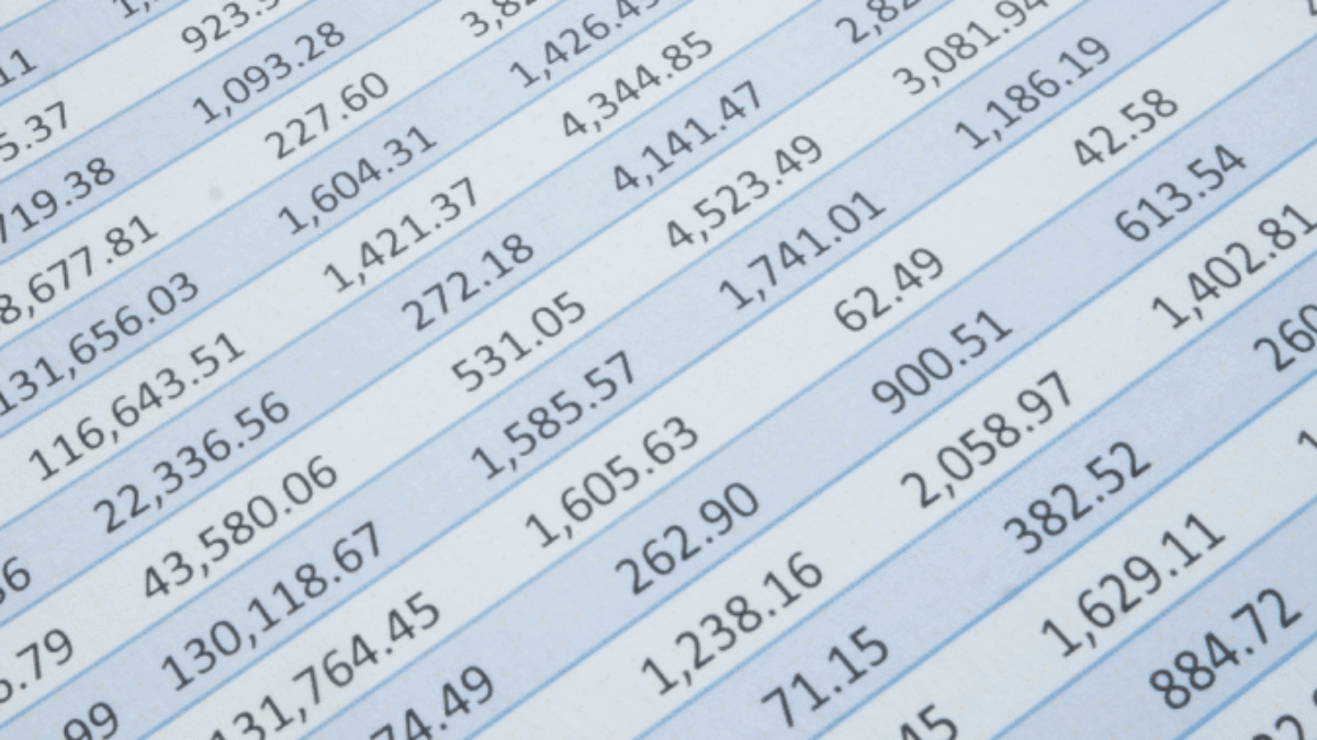 A close-up view of rows and columns of numerical data printed on paper, resembling a financial or accounting spreadsheet with various currency amounts.