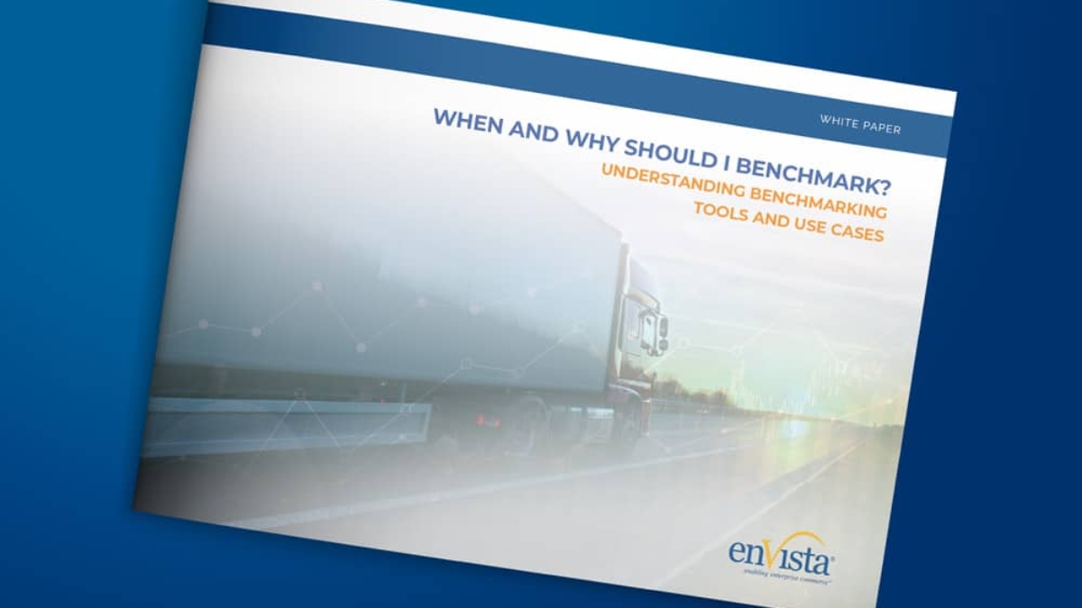A white paper titled “When and Why Should I Benchmark? Understanding Benchmarking Tools and Use Cases” with a blurred image of a truck and the enVista logo, on a blue gradient background.