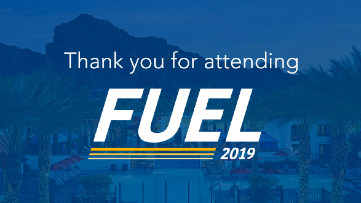 Blue graphic with palm trees, mountains, and a pool in the background. Text reads: Thank you for attending FUEL 2019 in bold white letters.