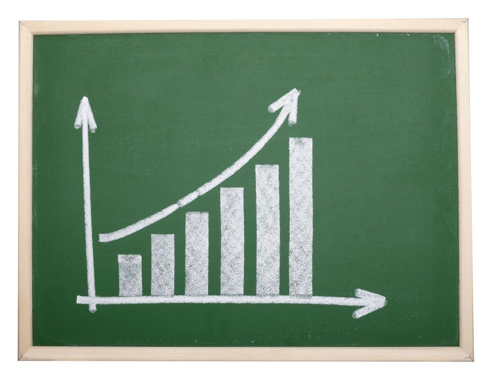 A chalk drawing on a green chalkboard shows an upward trending bar graph with an arrow, indicating growth or progress. The board is framed with light-colored wood.