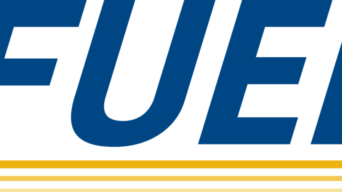 The word FUEL in bold blue uppercase letters with three yellow horizontal lines underneath on a light background.
