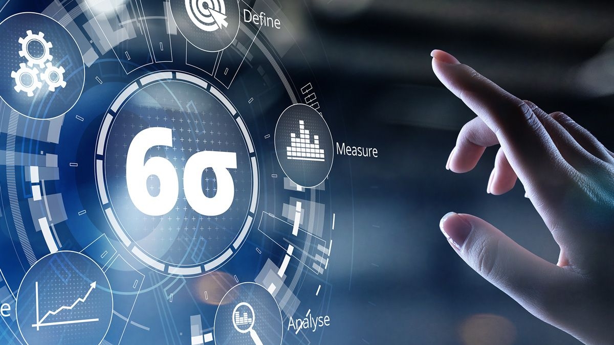 A hand reaches toward a digital interface displaying the Six Sigma symbol, surrounded by icons and terms like Define, Measure, and Analyze, representing key steps in Six Sigma and Lean Process Improvements methodology.