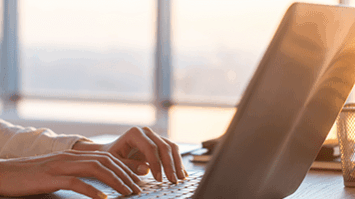 A person types on a laptop at a desk near a window with sunlight streaming in. A container of pencils and pens sits nearby. The scene has a warm, bright atmosphere.